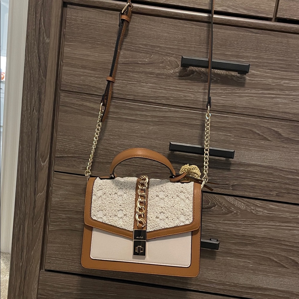 Aldo Tan and Cream Crossbody Bag with Chain Detail